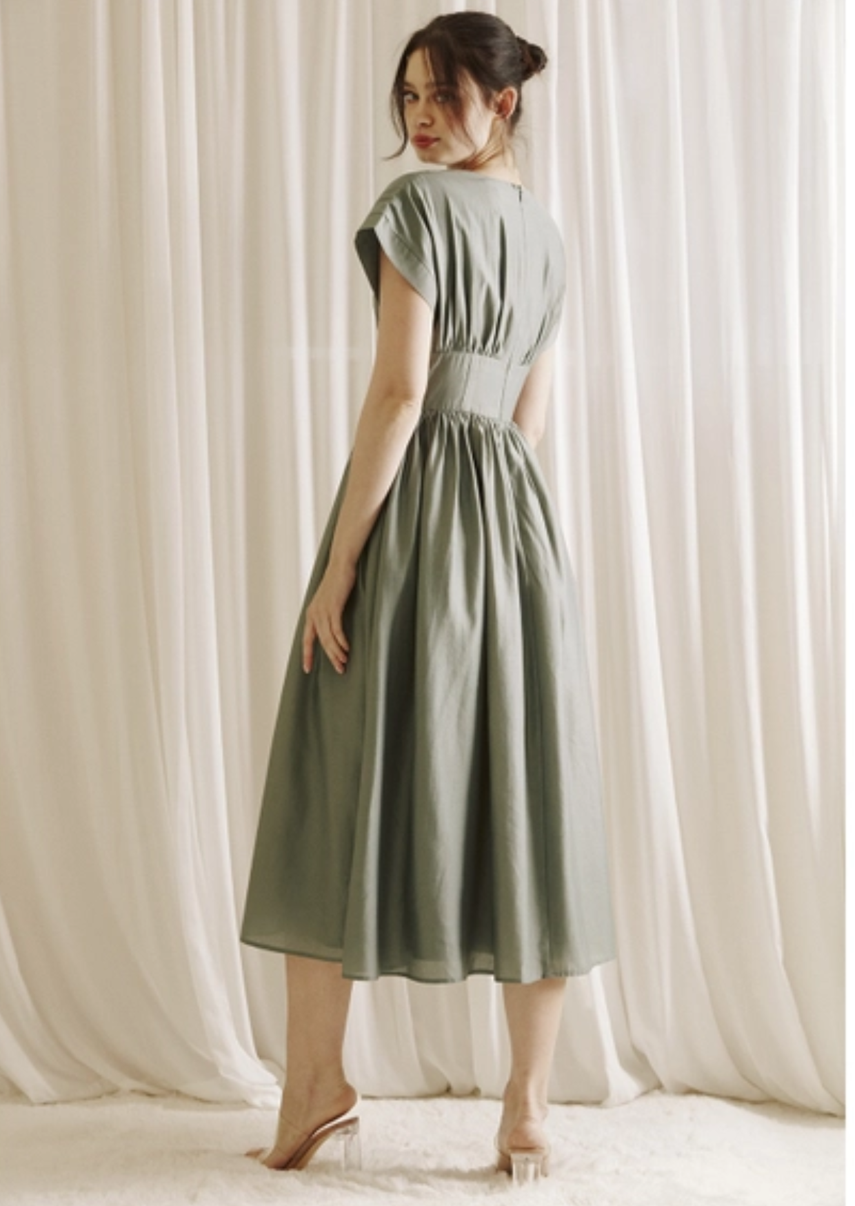 Olive Green Pleated Pocket Dress